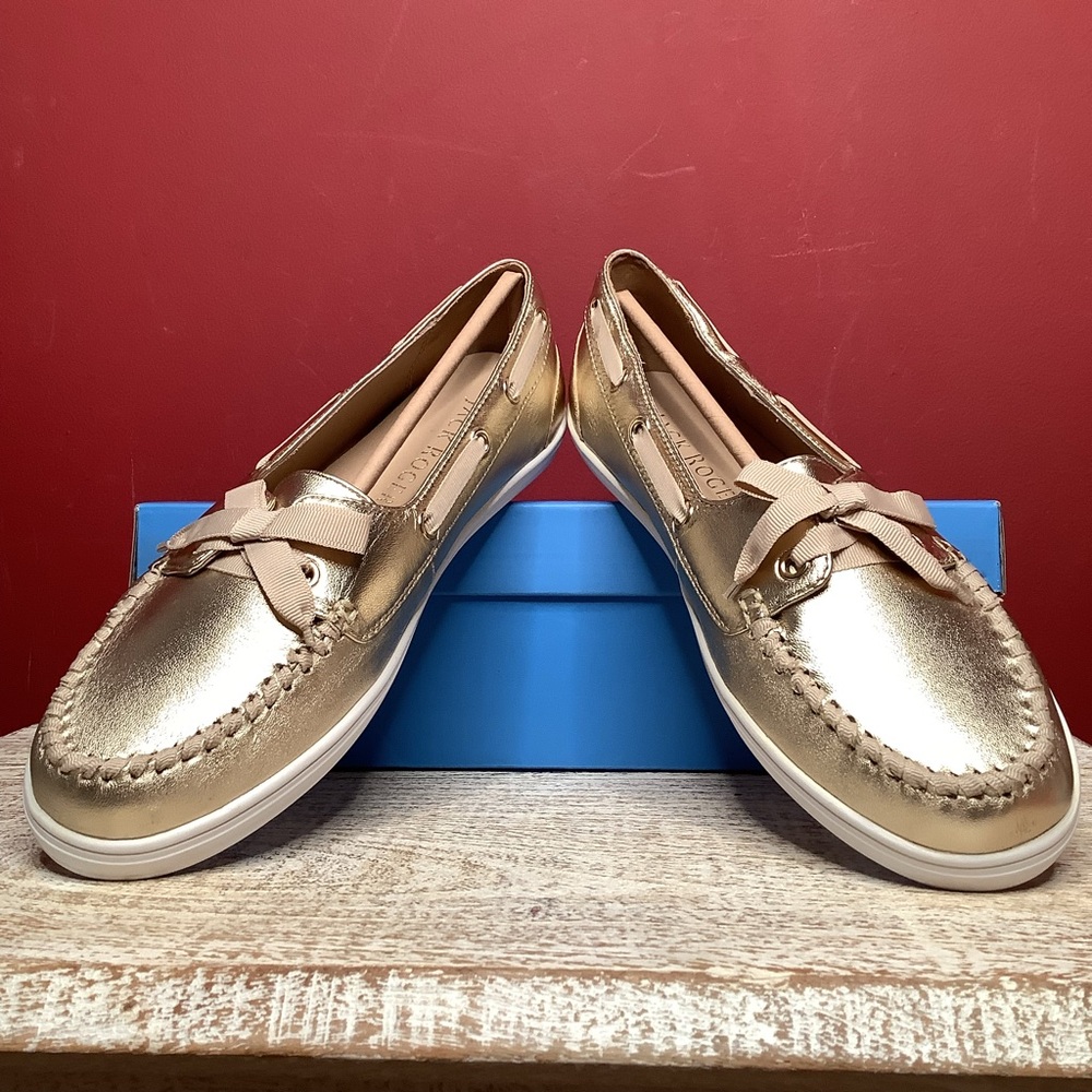 JACK ROGERS Platinum (Gold)Bonnie Weekend Loafer White Soles Gold Lacing & Bow